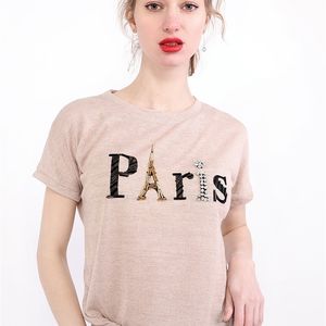 Yaz Gevşek Kore Giysileri T-shirt Moda Eyfel Kulesi Boncuk Kadınlar Kısa Kollu Dip Gömlek Tees Tops Rahat T02202 220408