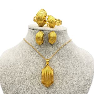 24K Gold Plated Jewelry Set with Earrings, Necklace, Pendant, Ring, and Bracelet