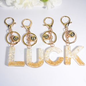 Glitter Gradient Resin Letter Chain Key With Golden Bell Charms Fashion Girls A-Z Alphabet Keychain Bag Ornament
