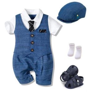 Giyim Setleri Resmi Elbise Romper Çorap Ayakkabı Şapka Papyon 5 Parça Bir Set Doğan Beyefendi Vaftiz Takım Elbise Bebek Erkek GiysileriGiyim