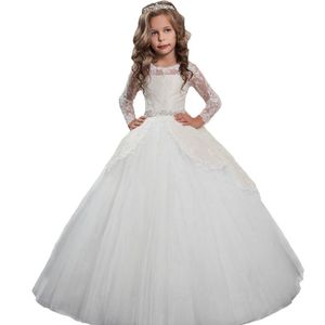 Kız Elbiseleri Çiçek Kız Elbise Düğün Uzun Kollu Sonbahar Kış Dantel Backless Tül Çiçekler Çocuklar Beyaz Parti Kızları