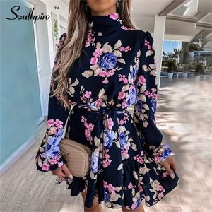 SouthPire Donanma Çiçek Baskı Gevşek Stil Mini Elbise Kadınlar Uzun Kollu Yüksek Boyun Parti Elbise Bayanlar Günü Rahat Giysileri Bahar 2022 220316
