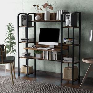 Múltiplas funções da mesa de computador Móveis de quarto com armário (café expresso) estilo simples, moldura de metal preto, marrom rústico