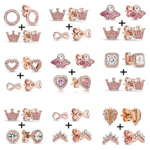 Yeni yüksek kaliteli popüler 925 Sterling Gümüş Ucuz Multipli Heart Crown Saplama Küpe Pandora Küpeler İçin Clear CZ Kadın Düğün Sevgililer Günü Takı Hediyeleri