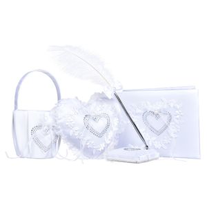 Sweet Heart Wedding Satin Ring Pillow Flower Basket Guest Book Feather Pen Favor Set 4 in 1