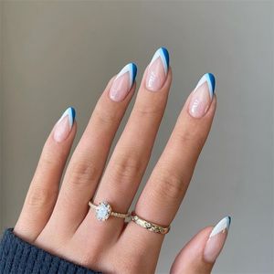 24pcs миндальные ложные ногти короткие французские синие дизайнерские дизайны искусственная балерина подделка с клей
