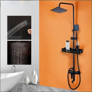 Matte Black Wall Mounted Rainfall Shower Faucet With Storage Shelf Bathroom Bathtub Shower Faucets Mixer Tap Combo Set