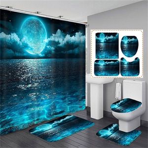 Su geçirmez duş perdesi setleri Halılar ay ışığı deniz manzara halı ve kancalı paspaslar tuvalet koltuk kapağı banyo dekor 220517