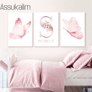 Özel isim baskılar tuval boyama çiçek poster nordic posterler pembe duvar sanatı bebek kız yatak odası dekor 220614