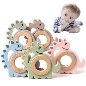 Baby A Free Silicone Teething Ring Cartoon Animal Dinosaur Teether Rattle Wooden Toys Nursing Accessories 220815