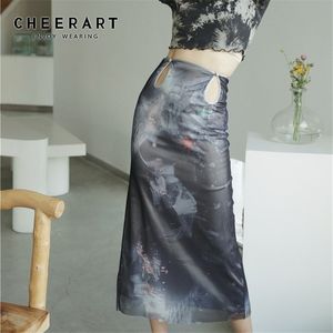 Cheerart Vintage Hollow Out Yüksek Bel Kalem Etek Yaz Baskı Katmanı Mesh Uzun midi Etek Gri Bodycon Ladies Etek 210311