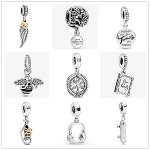 925 Sterling Silver Dangle Charm New Baby Shoe Wing Bee Headset Family Book Beads Bead Fit Pandora Charms Bracelet Diy Acessórios