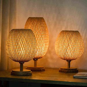 Vintage bambu masa lambaları Çin tarzı el yapımı ahşap masa lambası oturma odası yatak odası dekorasyonu yaratıcı e27 lambanın yanında h220423