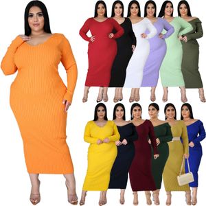 Kadın Tasarımcılar Giysileri 2022 Sonbahar Kış Kılavuzu Düz Renk Uzun Kollu Kibir Çukur Şerit Örme Pamuk Elbise Dipli Uzun Etek