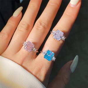 quadrado floco de neve 8a zirconia real 925 Sterling Silver Ring Jewelry Designer Ring para mulher Party Branca azul rosa noivado de casamento anéis de diamante com tamanho de caixa 5-9