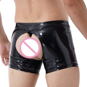 UNDANTANTS Erkekler iç çamaşırı parlak metalik lateks iç çamaşırı erotik açık Buboxer şort çıkarılabilir şişkin poşet Underpant boksör iç çamaşırları