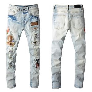 Man kot sıska ince kot pantolon yırtık kült biker moto cadde genç erkekler için erkekler streç bronz yıldız el yaması düz ile delik denim uzun moda fermuar açık mavi