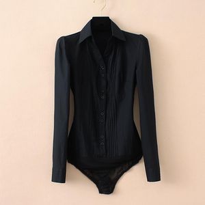 Kadın Bluz Gömlek Artı Boyutu Katı Renk Turn-down Yaka V Boyun Bodysuit Kadınlar Ön Pileli Beyaz Bluz Ofis Bayanlar Tops Siyah B