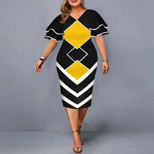 Artı boyutu elbiseler elbise zarif geometrik baskı akşam partisi 2022 Sonbahar Kadınlar Parlama Kısa Kollu Sarı Saray