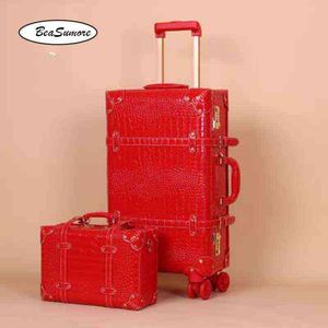 Beasumore kırmızı düğün haddeleme bagaj setleri spinner kadınlar timsah pu deri şifre bavul tekerlekleri inç kabin arabası j220707