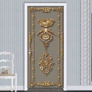 Kendinden Yapışkanlı Kapı Sticker Duvar Kağıdı 3D Avrupa Tarzı Altın Çiçek Desen Oturma Odası Yatak Odası Duvar Posteri Duvar Çıkartmaları 220426