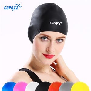 COPOZZ Silikon Su Geçirmez 3D elastik Yüzme Erkekler Kadınlar için Uzun Hming Şapka Kapak Kulak Kemik Havuzu yetişkin yüzmek kap 220429