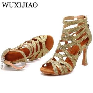 WUXIJIAO обувь для латинских танцев зеленый розовый золотой блестящая ткань сальса женские бальные сапоги Куба 220517gx