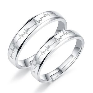 2Pcs Love Heart Electrocardiogram Couple adjustable Rings For Lover Valentine'Day Gift Silver Engagement Wedding Ring Set