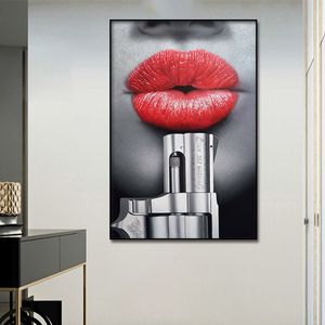 Seksi Kırmızı Dudaklar ve Gümüş Namlu Tuval Posterler Duvar Sanatı Baskı Modern Resim İskandinav Çocuk Yatak Odası Dekorasyon Resim