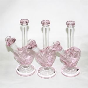 Bongs em formato de coração rosa Cachimbos de água recicladores de 9 polegadas 14 mm Juntas fêmeas Oil Dab Rigs Com tigela de coração Bongs de vidro