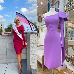 Bayan Lady Pageant Röportaj Elbisesi 2022 Burgundy Mor Kırmızı Halı Couture Kokteyl Elbisesi Tek Omuzlu Resmi Olay Partisi Balo Mezuniyet Bow Diz Uzunluğu
