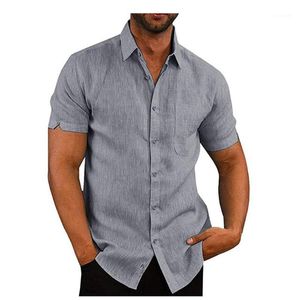 Erkek T-Shirt Erkek Keten Bluz Kısa Kollu Baggy Düğmeleri Yaz Katı Rahat Saf Pamuk ve Casual Gevşek Tatil Gömlek Tee Tops