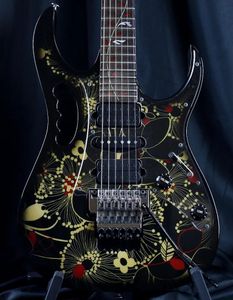 77fp2 Çiçek Deseni 2 Vai Çiçek Siyah Elektrikli Gitar Ağacı Kakma, Floyd Rose Tremolo Köprüsü, Kilitleme Somun, Krom Donanım