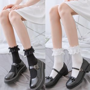 Calcetines estilo japonés Lolita encantadora malla corta equipo Harajuku dulce volantes encaje con volantes hueco Retro algodón media pantorrilla niñas