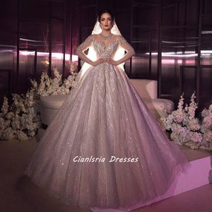 Crystal Sparkly жемчуг с длинным рукавом Dubai Свадебные платья с мячом иллюзия открытая спинка с блестками Saudi Arabic Bridal Howns S S