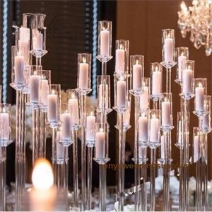 Decorazione per feste all'ingrosso 10 braccia a gambo lungo moderno tubo acrilico trasparente uragano portacandele in cristallo centrotavola per matrimoni Candel FY29240 GC1019