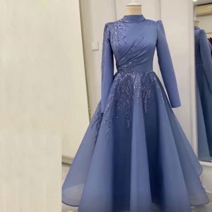 Tozlu Mavi Müslüman Balo Elbise Yüksek Yaka Tam Kollu Akşam elbise Ayak Bileği Uzunluğu Orta Doğu Kadınlar Arapça Dubai Cornes