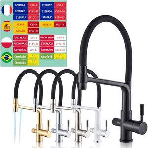 Poiqihy puro filtro de água torneira de cozinha puxar para baixo torneiras filtradas preto guindaste de bronze duplo punho bico misturador frio toque 220401