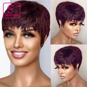 Brazilian Human Hair Wig - Short Ombre Burgundy Bob with Bangs, Wavy Pixie Cut, Full Machine Made No Lace