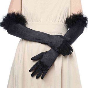 Moda manşet tüyü elastik uzun tam parmaklı gelinlik eldivenleri cadılar bayramı makyaj partisi opera sahne kadın eldivenleri E43 J220719