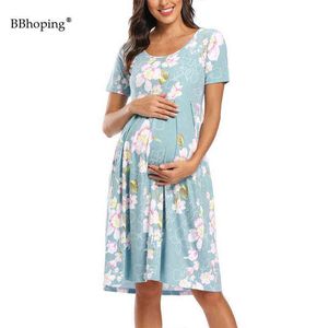 Беременная одежда для беременности платье для беременности мама цветочные короткие рукавы повседневные бердительные платья подходят для комфортного мягкого беременного детского душа G220309