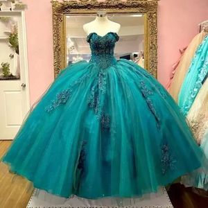 Charro Turquoise Quinceanera Elbiseler Aplike Boncuk Sevgiliye Mahkemesi Tren Dantel-up Korse Tatlı 16 Balo Abiye Vestidos De XV Años