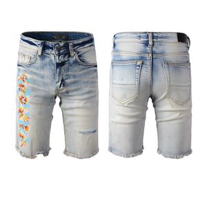 Man Short jeans strappato pantalone designer magro in denim per i pantaloncini giovanili da jogger dritta con cerniera da uomo con cerniera stampare blu disturbo blu distrutto slim con tasca