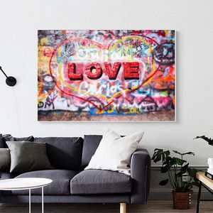 Graffiti kalp şeklindeki kırmızı aşk posterleri ve baskıları çok renkli tuval boyama duvar sanat resimleri oturma odası dekorasyonu için