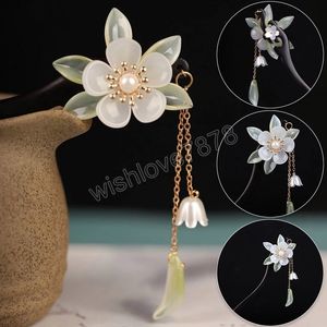 Handmade Flower Hairpins Vintage Wood Chinese Long Tassel Hair Stick Pins For Women Hair Ornaments Head Jewelry