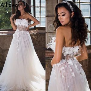 Masal 3d Çiçekler Kürk Bir Çizgi Gelinlikleri Straplez Çiçek Dantelli Aplike Corset Boho Gelin Elbise Süpürme Tren Tül Tül Tulle Arka Çıkışlar De Mariee Cl0809