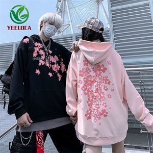 Капля китайский стиль вишневый цветущий капюшон негабаритная пара высокая улица хип-хоп рок-группа толстовка осень зима 220402