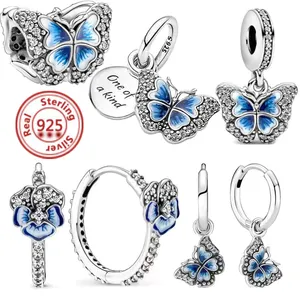 925 Ayar Gümüş Dangle Charm Gök Mavisi Açacağı Kelebek Çiçekler Narin Boncuk Boncuk Fit Pandora Charms Bilezik DIY Takı Aksesuarları