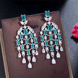 Tassel uzun sallangal küpe tasarımcısı kadın mücevherler için 925 STERLING Gümüş Post Mavi AAA Kübik Zirkonia Bakır Beyaz Elmas Küpe Hediye Testi Aksesuarları Boyutu 6cm