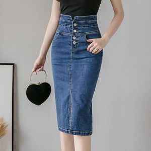 Etek kadın denim sargısı etek yüksek wasit düğmeleri kot pantolon dişi kalem ön bölünmüş 2022 yaz vintage